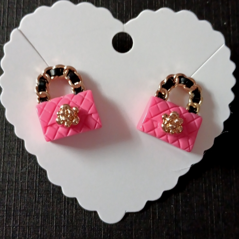 Elegant Pink Gold & Black Handbag Earrings New!